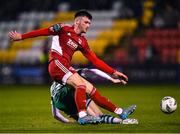 6 March 2023; Joshua Honohan of Cork City in action against Darragh Nugent of Shamrock Rovers during the SSE Airtricity Men's Premier Division match between Shamrock Rovers and Cork City at Tallaght Stadium in Dublin. Photo by Piaras Ó Mídheach/Sportsfile