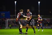 6 March 2023; James Akintunde of Bohemians, left, celebrates with teammate James McManus after scoring his side's third goal during the SSE Airtricity Men's Premier Division match between Bohemians and Drogheda United at Dalymount Park in Dublin. Photo by Harry Murphy/Sportsfile