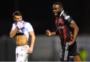 6 March 2023; James Akintunde of Bohemians celebrates after scoring his side's third goal during the SSE Airtricity Men's Premier Division match between Bohemians and Drogheda United at Dalymount Park in Dublin. Photo by Harry Murphy/Sportsfile