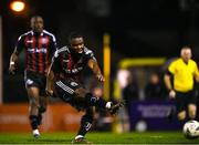 6 March 2023; James Akintunde of Bohemians shoots to score his side's third goal during the SSE Airtricity Men's Premier Division match between Bohemians and Drogheda United at Dalymount Park in Dublin. Photo by Harry Murphy/Sportsfile