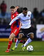 6 March 2023; Rayhaan Tulloch of Dundalk in action against Jonathan Lunney of Shelbourne during the SSE Airtricity Men's Premier Division match between Dundalk and Shelbourne at Oriel Park in Dundalk, Louth. Photo by Ramsey Cardy/Sportsfile