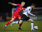 6 March 2023; Connor Malley of Dundalk is tackled by Brian McManus of Shelbourne during the SSE Airtricity Men's Premier Division match between Dundalk and Shelbourne at Oriel Park in Dundalk, Louth. Photo by Ramsey Cardy/Sportsfile