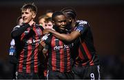 6 March 2023; James Akintunde of Bohemians celebrates with teammates Jay Benn, left, and Jonathan Afolabi, right, after scoring their side's during the SSE Airtricity Men's Premier Division match between Bohemians and Drogheda United at Dalymount Park in Dublin. Photo by Harry Murphy/Sportsfile