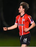 6 March 2023; Ollie O'Neill of Derry City celebrates after scoring his side's third goal during the SSE Airtricity Men's Premier Division match between UCD and Derry City at the UCD Bowl in Dublin. Photo by Stephen McCarthy/Sportsfile