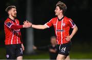 6 March 2023; Ollie O'Neill of Derry City celebrates with teammate Jamie McGonigle after scoring his side's third goal during the SSE Airtricity Men's Premier Division match between UCD and Derry City at the UCD Bowl in Dublin. Photo by Stephen McCarthy/Sportsfile