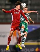 6 March 2023; Ruairi Keating of Cork City in action against Daniel Cleary of Shamrock Rovers during the SSE Airtricity Men's Premier Division match between Shamrock Rovers and Cork City at Tallaght Stadium in Dublin. Photo by Piaras Ó Mídheach/Sportsfile