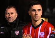 6 March 2023; Derry City assistant manager Alan Reynolds and Jordan McEneff of Derry City after the SSE Airtricity Men's Premier Division match between UCD and Derry City at the UCD Bowl in Dublin. Photo by Stephen McCarthy/Sportsfile