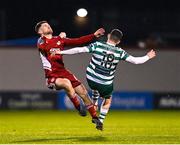 6 March 2023; Aaron Bolger of Cork City and Trevor Clarke of Shamrock Rovers collide late on, before Bolger was substituted due to injury, during the SSE Airtricity Men's Premier Division match between Shamrock Rovers and Cork City at Tallaght Stadium in Dublin. Photo by Piaras Ó Mídheach/Sportsfile