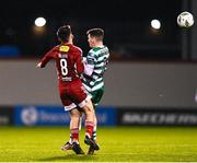 6 March 2023; Aaron Bolger of Cork City and Trevor Clarke of Shamrock Rovers collide late on, before Bolger was substituted due to injury, during the SSE Airtricity Men's Premier Division match between Shamrock Rovers and Cork City at Tallaght Stadium in Dublin. Photo by Piaras Ó Mídheach/Sportsfile