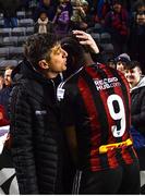 6 March 2023; Bohemians manager Declan Devine with Jonathan Afolabi of Bohemians after the SSE Airtricity Men's Premier Division match between Bohemians and Drogheda United at Dalymount Park in Dublin. Photo by Harry Murphy/Sportsfile