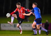 6 March 2023; Jamie McGonigle of Derry City in action against Jack Keaney of UCD during the SSE Airtricity Men's Premier Division match between UCD and Derry City at the UCD Bowl in Dublin. Photo by Stephen McCarthy/Sportsfile