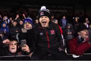 6 March 2023; Dundalk supporter Alan Callan, age 10, celebrates his side's victory in the SSE Airtricity Men's Premier Division match between Dundalk and Shelbourne at Oriel Park in Dundalk, Louth. Photo by Ramsey Cardy/Sportsfile