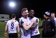 6 March 2023; Andy Boyle, left, and Wasiri Williams of Dundalk celebrate after the SSE Airtricity Men's Premier Division match between Dundalk and Shelbourne at Oriel Park in Dundalk, Louth. Photo by Ramsey Cardy/Sportsfile