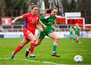 4 March 2023; Siobhán Killeen of Shelbourne in action against Heidi Mackin of Cork City during the SSE Airtricity Women's Premier Division match between Shelbourne and Cork City at Tolka Park in Dublin. Photo by Eóin Noonan/Sportsfile