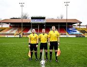 4 March 2023; Match officials, from left, assistant referee Daryl Carolan, referee Robert Dowling and assistant referee Ciaran Delaney during the SSE Airtricity Women's Premier Division match between Shelbourne and Cork City at Tolka Park in Dublin. Photo by Eóin Noonan/Sportsfile