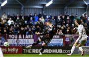 6 March 2023; Ali Coote of Bohemians shoots to score his side's second goal during the SSE Airtricity Men's Premier Division match between Bohemians and Drogheda United at Dalymount Park in Dublin. Photo by Harry Murphy/Sportsfile