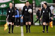6 March 2023; Referee Robert Harvey with assistant referee Wayne McDonnell, left, and assistant referee Darragh Keegan before the SSE Airtricity Men's Premier Division match between Shamrock Rovers and Cork City at Tallaght Stadium in Dublin. Photo by Piaras Ó Mídheach/Sportsfile