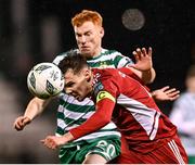 6 March 2023; Cian Coleman of Cork City in action against Rory Gaffney of Shamrock Rovers during the SSE Airtricity Men's Premier Division match between Shamrock Rovers and Cork City at Tallaght Stadium in Dublin. Photo by Piaras Ó Mídheach/Sportsfile