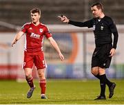6 March 2023; Referee Robert Harvey alongside Cian Bargary of Cork City during the SSE Airtricity Men's Premier Division match between Shamrock Rovers and Cork City at Tallaght Stadium in Dublin. Photo by Piaras Ó Mídheach/Sportsfile