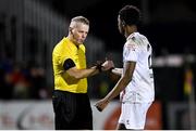 6 March 2023; Referee Ray Matthews shakes hands with Elicha Ahui of Drogheda United after the SSE Airtricity Men's Premier Division match between Bohemians and Drogheda United at Dalymount Park in Dublin. Photo by Harry Murphy/Sportsfile