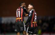 6 March 2023; James Akintunde of Bohemians, left, celebrates with teammate Ali Coote after scoring his side's third goal during the SSE Airtricity Men's Premier Division match between Bohemians and Drogheda United at Dalymount Park in Dublin. Photo by Harry Murphy/Sportsfile