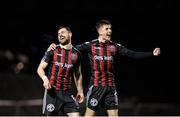 6 March 2023; Jordan Flores of Bohemians, left, celebrates with teammate Jay Benn after scoring his side's first goal during the SSE Airtricity Men's Premier Division match between Bohemians and Drogheda United at Dalymount Park in Dublin. Photo by Harry Murphy/Sportsfile