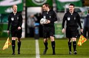 6 March 2023; Referee Robert Harvey with assistant referee Wayne McDonnell, left, and assistant referee Darragh Keegan before the SSE Airtricity Men's Premier Division match between Shamrock Rovers and Cork City at Tallaght Stadium in Dublin. Photo by Piaras Ó Mídheach/Sportsfile