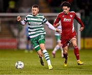 6 March 2023; Markus Poom of Shamrock Rovers in action against Ruairi Keating of Cork City during the SSE Airtricity Men's Premier Division match between Shamrock Rovers and Cork City at Tallaght Stadium in Dublin. Photo by Piaras Ó Mídheach/Sportsfile