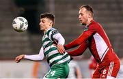 6 March 2023; Simon Power of Shamrock Rovers in action against Ally Gilchrist of Cork City during the SSE Airtricity Men's Premier Division match between Shamrock Rovers and Cork City at Tallaght Stadium in Dublin. Photo by Piaras Ó Mídheach/Sportsfile