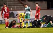 6 March 2023; Medical personnel attend to Aaron Bolger of Cork City and Trevor Clarke of Shamrock Rovers late in the second half of the SSE Airtricity Men's Premier Division match between Shamrock Rovers and Cork City at Tallaght Stadium in Dublin. Photo by Piaras Ó Mídheach/Sportsfile