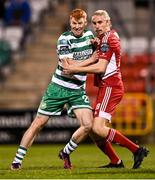 6 March 2023; Rory Gaffney of Shamrock Rovers and Jonas Hakkinen of Cork City await a corner during the SSE Airtricity Men's Premier Division match between Shamrock Rovers and Cork City at Tallaght Stadium in Dublin. Photo by Piaras Ó Mídheach/Sportsfile