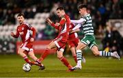 6 March 2023; Cian Coleman of Cork City in action against Johnny Kenny of Shamrock Rovers during the SSE Airtricity Men's Premier Division match between Shamrock Rovers and Cork City at Tallaght Stadium in Dublin. Photo by Piaras Ó Mídheach/Sportsfile