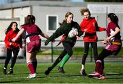 7 March 2023; Holly Gallagher of Scoil Aine Raheny in action during the Leinster Rugby Girls Primary School Mega Blitz at Clontarf FC in Dublin. Photo by David Fitzgerald/Sportsfile
