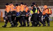 6 March 2023; Medical personnel carry Aaron Bolger of Cork City off the pitch on a stretcher late in the second half of the SSE Airtricity Men's Premier Division match between Shamrock Rovers and Cork City at Tallaght Stadium in Dublin. Photo by Piaras Ó Mídheach/Sportsfile