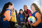 7 March 2023; Coach Maria Lawless with, from left, Abigail Mooney, Robyn Smith, Ila McCabe and Madison Mooney at the launch of UEFA Disney Playmakers 2023 at Hartstown Huntstown Football Club in Dublin. Photo by Stephen McCarthy/Sportsfile