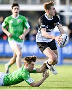 7 March 2023; Ciarán Mangan of Newbridge College is tackled by Hugo McLaughlin of Gonzaga College during the Bank of Ireland Leinster Schools Senior Cup Semi Final match between Newbridge College and Gonzaga College at Energia Park in Dublin. Photo by David Fitzgerald/Sportsfile