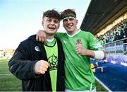 7 March 2023; Samuel Inglis, left, and Luke McLaughlin of Gonzaga College celebrate after the Bank of Ireland Leinster Schools Senior Cup Semi Final match between Newbridge College and Gonzaga College at Energia Park in Dublin. Photo by David Fitzgerald/Sportsfile