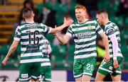 6 March 2023; Rory Gaffney of Shamrock Rovers, 20, celebrates with teammate Gary O'Neill after scoring his side's first goal during the SSE Airtricity Men's Premier Division match between Shamrock Rovers and Cork City at Tallaght Stadium in Dublin. Photo by Piaras Ó Mídheach/Sportsfile