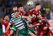 6 March 2023; Shamrock Rovers players Daniel Cleary, left, and Lee Grace contest possession against Ally Gilchrist of Cork City, 6, during the SSE Airtricity Men's Premier Division match between Shamrock Rovers and Cork City at Tallaght Stadium in Dublin. Photo by Piaras Ó Mídheach/Sportsfile
