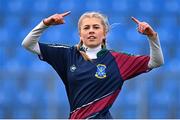 8 March 2023; Giselle O'Donoghue of St Louis celebrates after scoring a try during the Senior match between Wesley and St Louis during the Leinster Rugby Metro X7s Leinster Cup Finals at Energia Park in Dublin. Photo by Ben McShane/Sportsfile