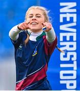 8 March 2023; Giselle O'Donoghue of St Louis celebrates after scoring a try during the Senior match between Wesley and St Louis during the Leinster Rugby Metro X7s Leinster Cup Finals at Energia Park in Dublin. Photo by Ben McShane/Sportsfile