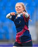 8 March 2023; Giselle O'Donoghue of St Louis celebrates after scoring a try during the Senior match between Wesley and St Louis during the Leinster Rugby Metro X7s Leinster Cup Finals at Energia Park in Dublin. Photo by Ben McShane/Sportsfile