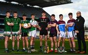 8 March 2023; In attendance at the Masita All-Ireland Post Primary Schools Captains Call at Croke Park in Dublin is, from left, Jack and Cathal McElligott of St Pats Castleisland, Ronan Molloy of St Joseph's Grammer School Donaghmore, Paddy Downey of The Abbey School, Rían McConnell of O'Carolan Colllege, Marcas Dalton of Ard Scoil Chiarain Naofa, Josh Moloney and Sean Neylon of St Josephs Spanish Point and Chair of the GAA National Post Primary Schools Committee Liam O’Mahony. The Masita GAA All-Ireland Post Primary Schools Croke Cup and the Masita GAA All-Ireland Post Primary Schools Hogan and Croke Cup will be played in Croke Park on St Patrick’s Day, 17th March 2023. Photo by Eóin Noonan/Sportsfile