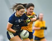 8 March 2023; Maria Flood of Ulster University Magee in action against Lynda Hanley of DCU Dóchas Éireann during the 2023 Yoplait Ladies HEC Cup Final match between DCU Dóchas Éireann and Ulster University Magee at University of Galway Connacht GAA Air Dome in Bekan, Mayo. Photo by Piaras Ó Mídheach/Sportsfile