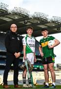 8 March 2023; In attendance at the Masita All-Ireland Post Primary Schools Captains Call at Croke Park in Dublin is, from left, Chair of the GAA National Post Primary Schools Committee Liam O’Mahony, Paddy Downey of the Abbey School and Ronan Molloy of St Joseph's Grammar Donaghmore. The Masita GAA All-Ireland Post Primary Schools Croke Cup and the Masita GAA All-Ireland Post Primary Schools Hogan and Croke Cup will be played in Croke Park on St Patrick’s Day, 17th March 2023. Photo by Eóin Noonan/Sportsfile