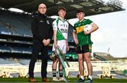 8 March 2023; In attendance at the Masita All-Ireland Post Primary Schools Captains Call at Croke Park in Dublin is, from left, Chair of the GAA National Post Primary Schools Committee Liam O’Mahony, Paddy Downey of the Abbey School and Ronan Molloy of St Joseph's Grammar Donaghmore. The Masita GAA All-Ireland Post Primary Schools Croke Cup and the Masita GAA All-Ireland Post Primary Schools Hogan and Croke Cup will be played in Croke Park on St Patrick’s Day, 17th March 2023. Photo by Eóin Noonan/Sportsfile