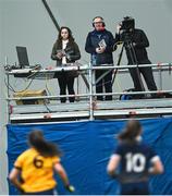 8 March 2023; Commentators Bronagh Quinn and Mike Finnerty during the 2023 Yoplait Ladies HEC Cup Final match between DCU Dóchas Éireann and Ulster University Magee at University of Galway Connacht GAA Air Dome in Bekan, Mayo. Photo by Piaras Ó Mídheach/Sportsfile