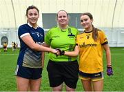 8 March 2023; Referee Katie Kilbane with team captains Eimile Loughran of Ulster University Magee and Fainche Grimes of DCU Dóchas Éireann before the 2023 Yoplait Ladies HEC Cup Final match between DCU Dóchas Éireann and Ulster University Magee at University of Galway Connacht GAA Air Dome in Bekan, Mayo. Photo by Piaras Ó Mídheach/Sportsfile