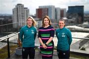 8 March 2023; At Sky Ireland’s International Women’s Day event were Orlaith Ryan, Sky Ireland CCO, with Aine O’Gorman, right, and Saoirse Noonan, both 2022 Sky WNT Fund Recipient & WNT Players. The event was held to launch the return of the ‘Sky WNT Fund’ – a bursary that provides support to WNT players’ academic studies and careers off the pitch.  As part of the event, a panel – including Vera Pauw, Aine O’Gorman, Saoirse Noonan, Head of Women and Girls Football at the FAI, Eileen Gleeson, and Michelle O’Neill, FIFA Assistant Referee – discussed the growth of women’s football in Ireland over the past year, increase in support for the WNT and their qualification for their first ever World Cup. Photo by Stephen McCarthy/Sportsfile