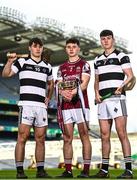 8 March 2023; In attendance at the Masita All-Ireland Post Primary Schools Captains Call at Croke Park in Dublin is Harry Shine of St Kierans College, Tiarnán Leen of Presention College Athenry and Killian Doyle of St Kierans College. The Masita GAA All-Ireland Post Primary Schools Croke Cup and the Masita GAA All-Ireland Post Primary Schools Hogan and Croke Cup will be played in Croke Park on St Patrick’s Day, 17th March 2023. Photo by Eóin Noonan/Sportsfile
